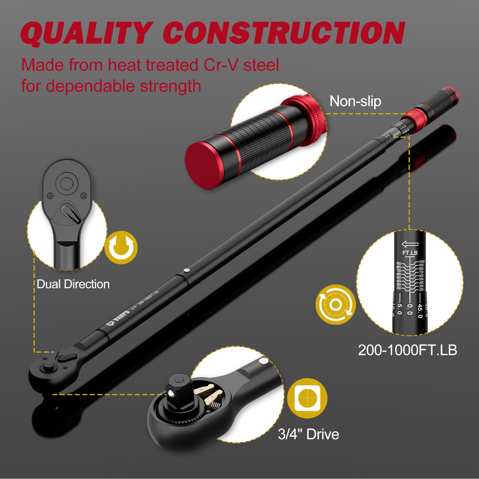 VANPO 3/4-inch Drive Click Torque Wrench, 200-1000 Ft-Lb/271-1355
